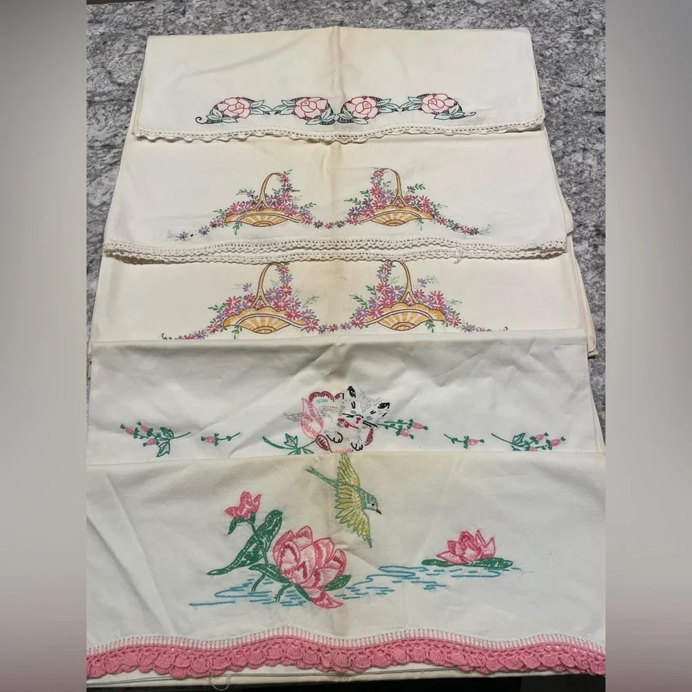 Vintage Hand Stitched Embroidered Pillow Case lot